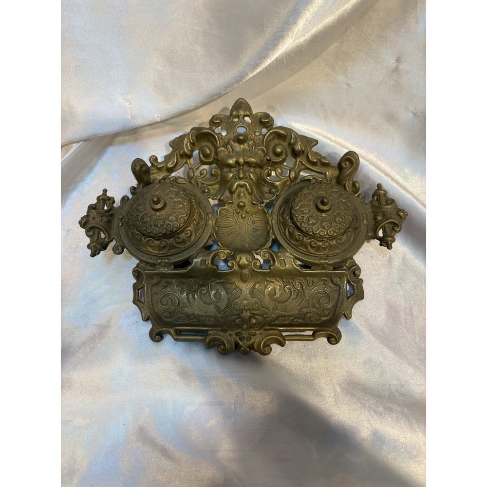 Antique victorian Brass fountain pen inkwell ornate desktop office ink holder - Picture 2 of 5